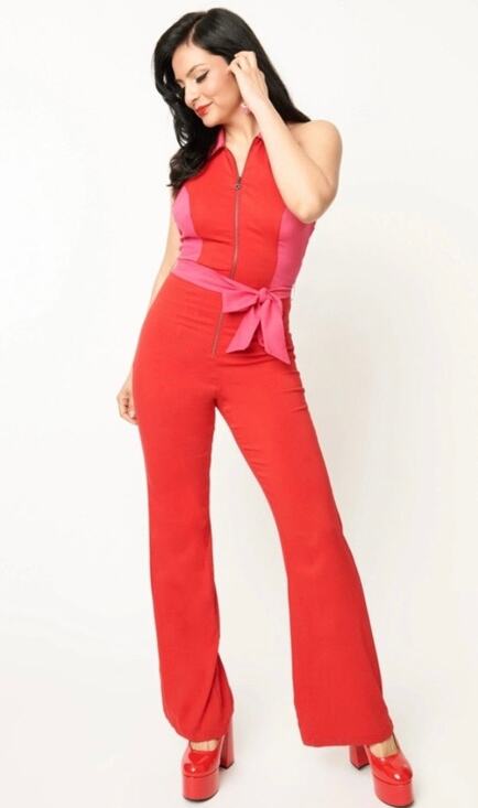 Unique Vintage Pants - Smak Parlour Unique Vintage Red & Pink Heart Pocket Zip Halter Jumpsuit S NWOT